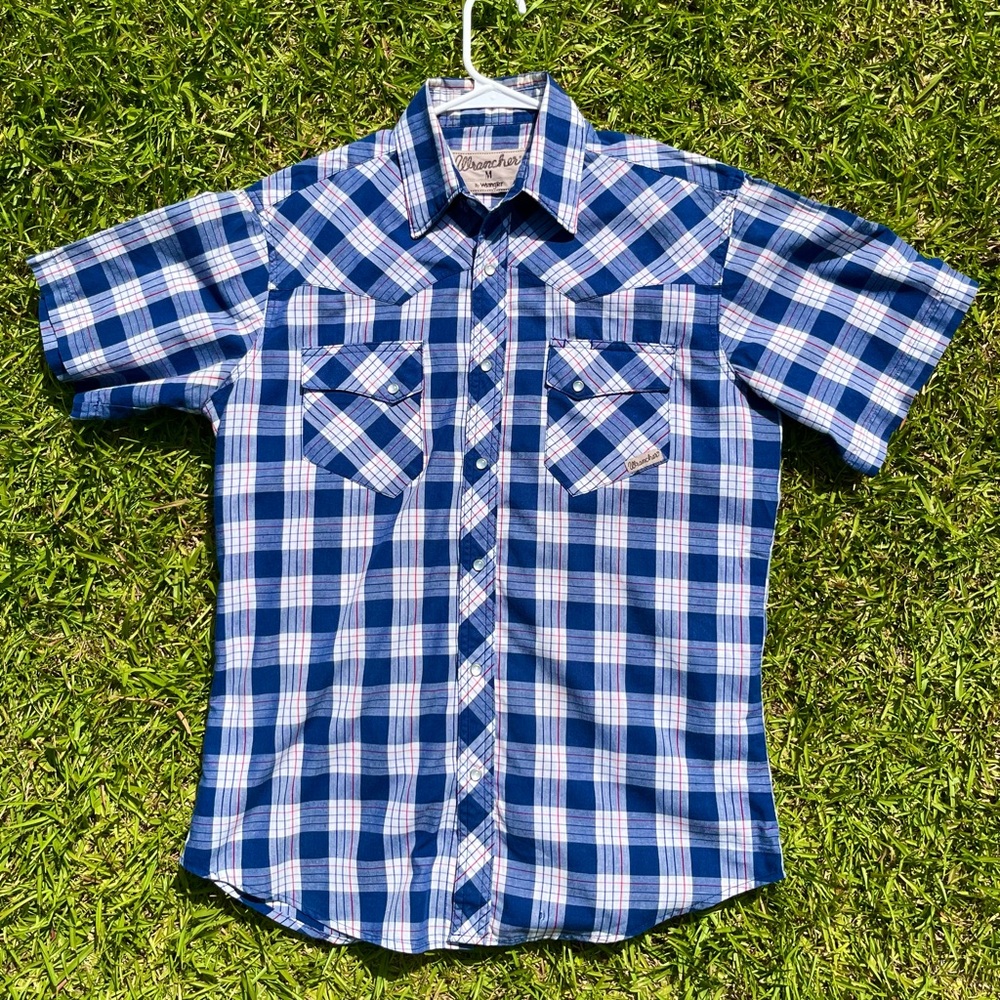 Wrangler Wrancher Mens Medium Blue Red Plaid Pearl Snap Short Sleeve Shirt